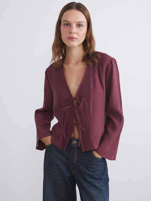 LCW Vision Bordo V Yaka Modal Karışımlı Bağlamalı Bluz