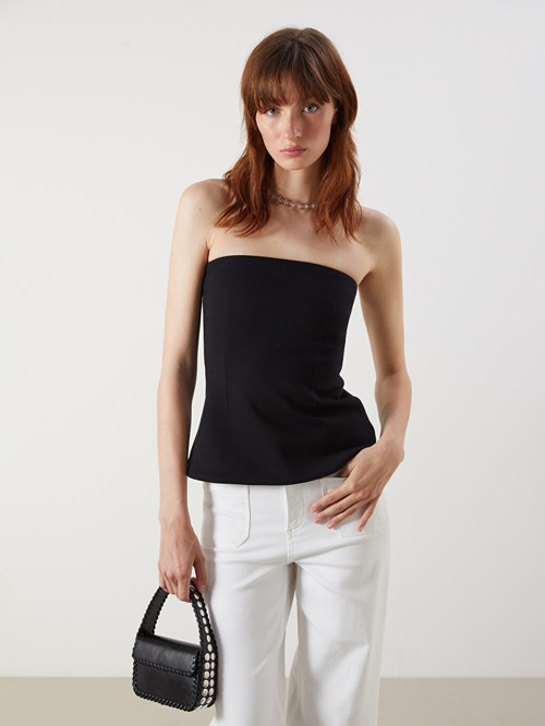 LCW Vision Siyah Straplez Yaka Peplum Bluz