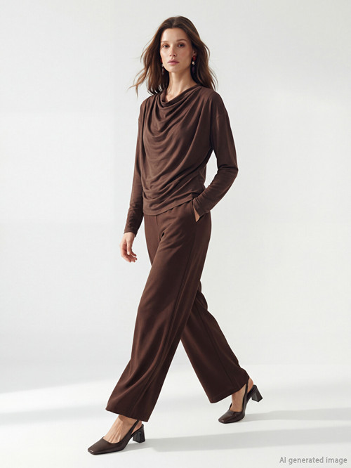 LCW Modest Kahverengi Beli Lastikli Geniş Paça Kadın Pantolon