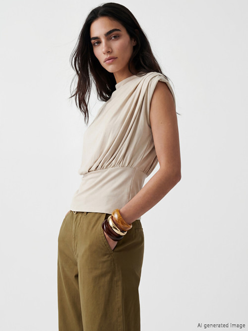 LCW Vision Bej Dik Yaka Büzgülü Bluz Mock Neck Ruched Blouse