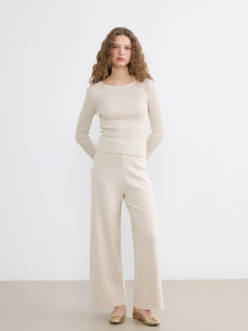 LCW Modest Bej Beli Lastikli Geniş Paça Kadın Triko Pantolon
