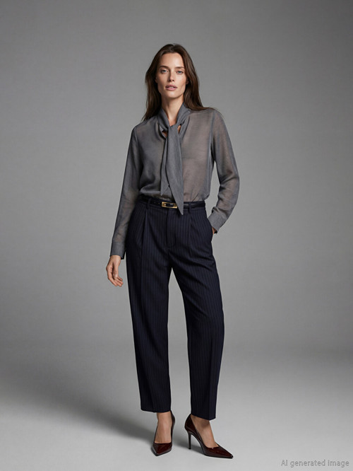 LCW Vision Lacivert Loose Fit Çizgili Kadın Kumaş Pantolon