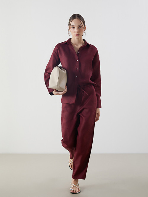 LCW Vision Bordo Beli Lastikli %100 Keten Kadın Pantolon