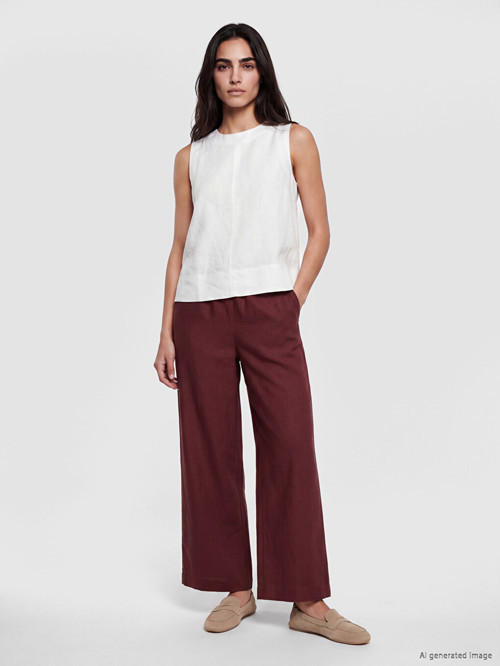 LCWAIKIKI Classic Bordo Beli Lastikli Kadın %100 Keten Pantolon