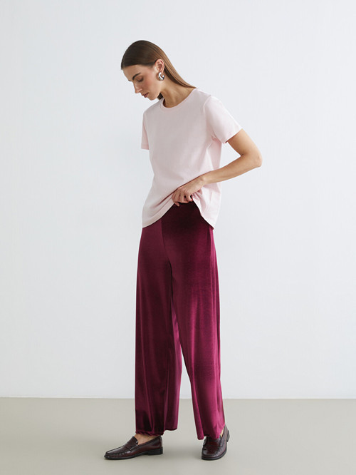 LCWAIKIKI Basic Bordo Beli Lastikli Geniş Paça Kadın Kadife Pantolon