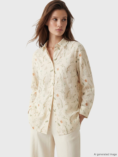 LCW Modest Ekru Desenli Oversize Kadın Gömlek Tunik