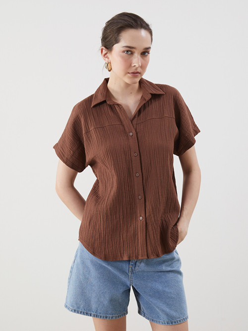 LCWAIKIKI Classic Kahverengi Loose Fit Dokulu Kadın Gömlek