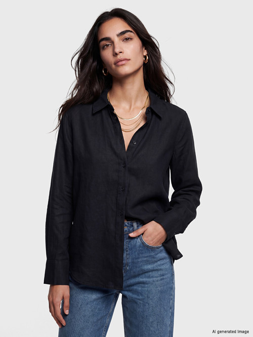 LCW Vision Siyah Oversize Kadın %100 Keten Gömlek