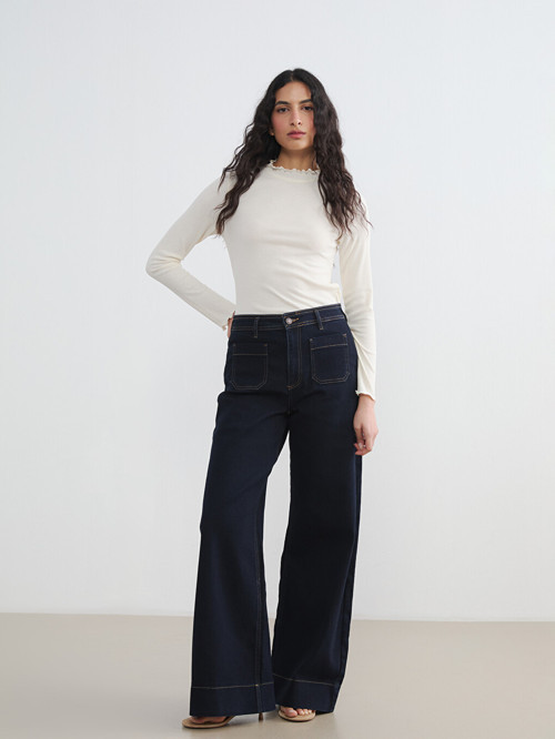 LCW Modest İndigo Yüksek Bel Wideleg Kadın Jean Pantolon