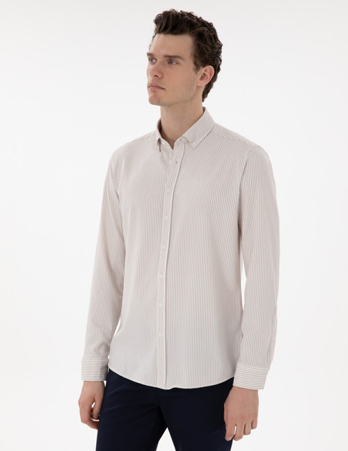 Bej Slim Fit Çizgili Uzun Kollu Gömlek 50301583-VR011