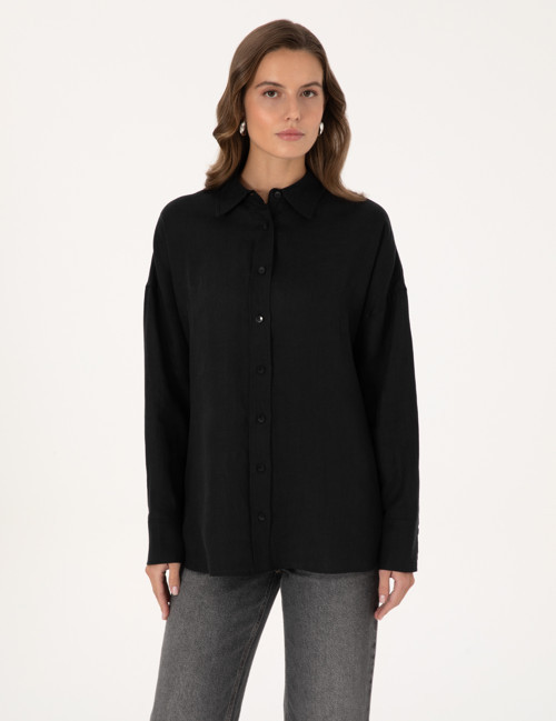 Siyah Oversize Uzun Kollu %100 Keten Gömlek 50301078-VR046