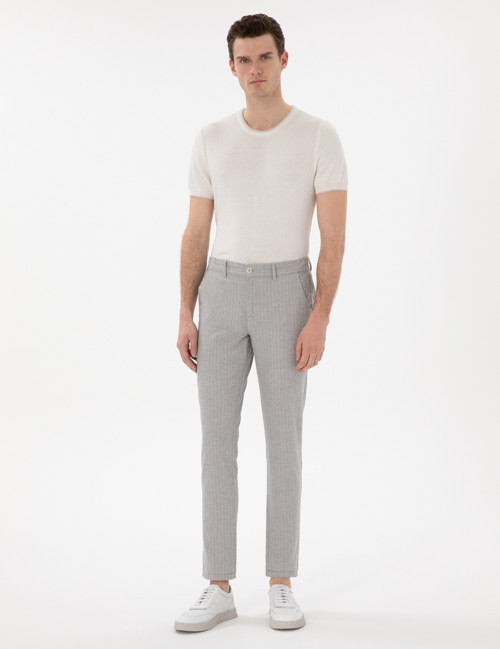 Gri Slim Fit Keten Karışımlı Çizgili Kanvas Pantolon 50301778-VR024