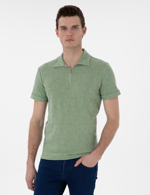 Açık Haki Slim Fit Fermuarlı Polo Yaka Tişört 50302586-VR183