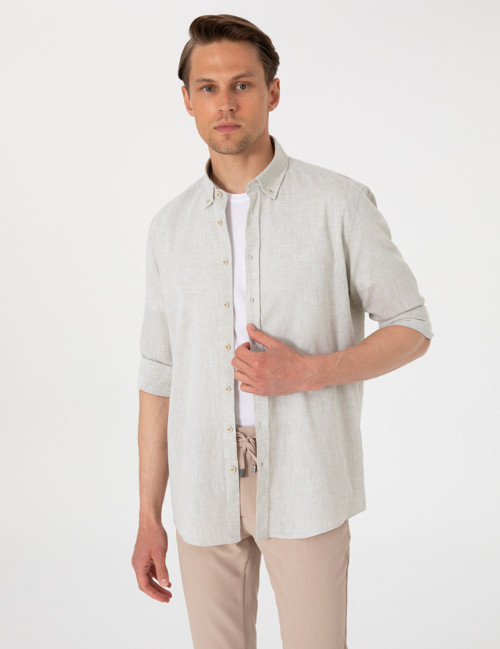 Yeşil Keten Karışımlı Regular Fit Uzun Kollu Gömlek 50303245-VR016
