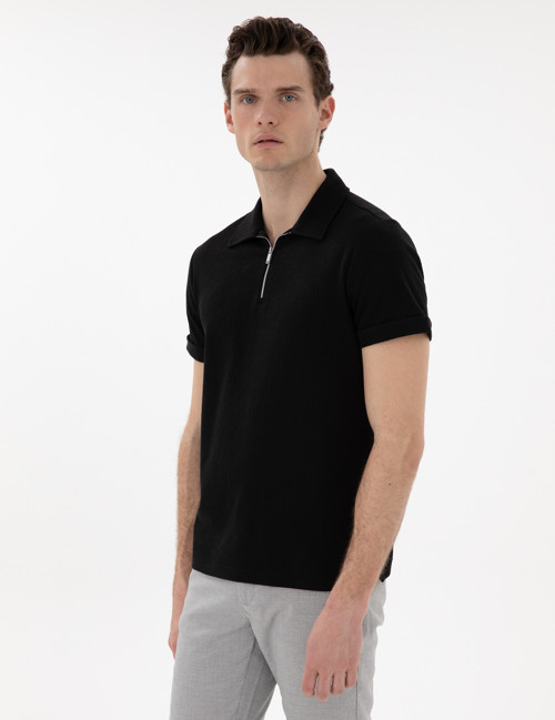 Siyah Slim Fit Fermuarlı Polo Yaka Tişört 50302586-VR046