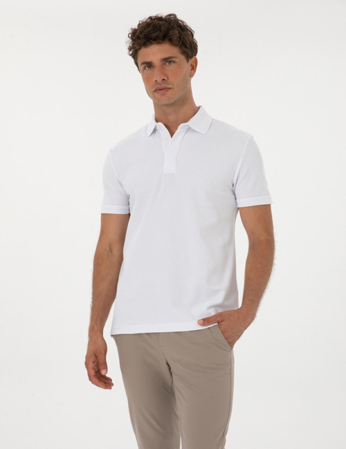 Beyaz Slim Fit %100 Pamuk Kıvrılmaz Amerikan Pike Polo Yaka Basic Tişört 50306154-VR013
