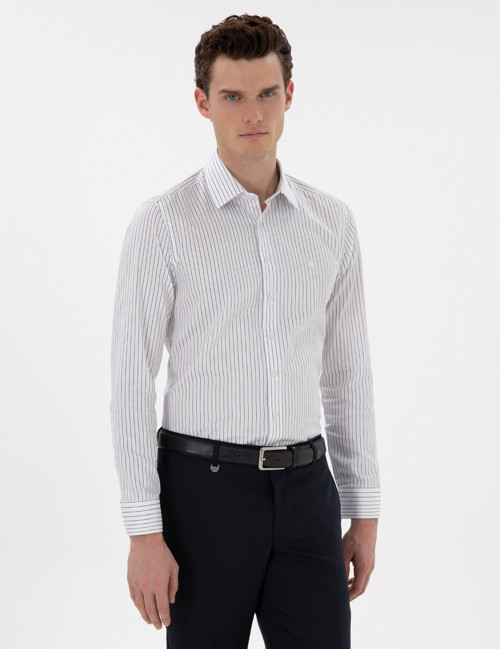 Lacivert Slim Fit Çizgili Uzun Kollu Gömlek 50306028-VR033