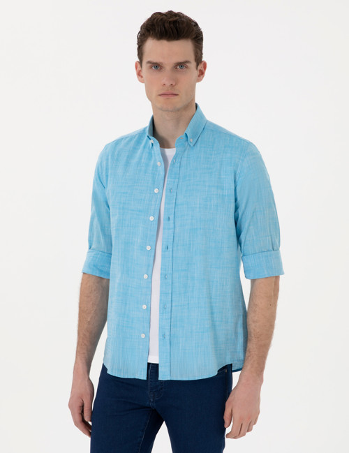 Aqua Keten Görünümlü Slim Fit Uzun Kollu Gömlek 50307025-VR007