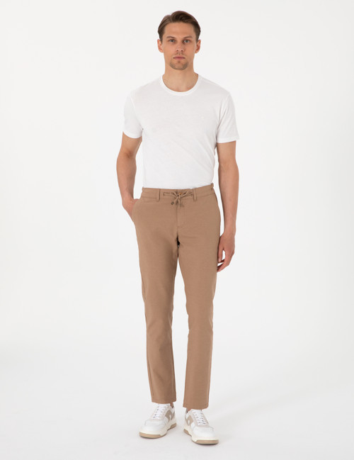 Kahverengi Slim Fit Keten Karışımlı Beli Lastikli Kanvas Pantolon