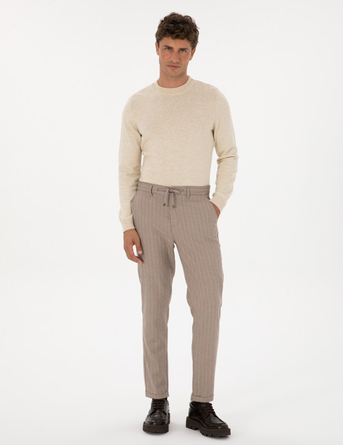 Bej Çizgili Carrot Fit Beli Lastikli Kordonlu Kanvas Pantolon 50310891-VR011