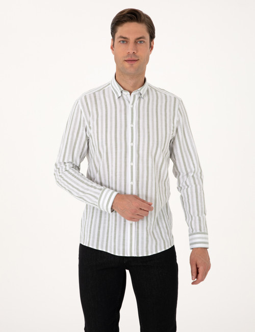 Yeşil Regular Fit Çizgili Uzun Kollu Gömlek 50312269-VR255