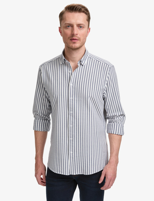 Lacivert Regular Fit Çizgili Uzun Kollu Gömlek 50320859-VR033