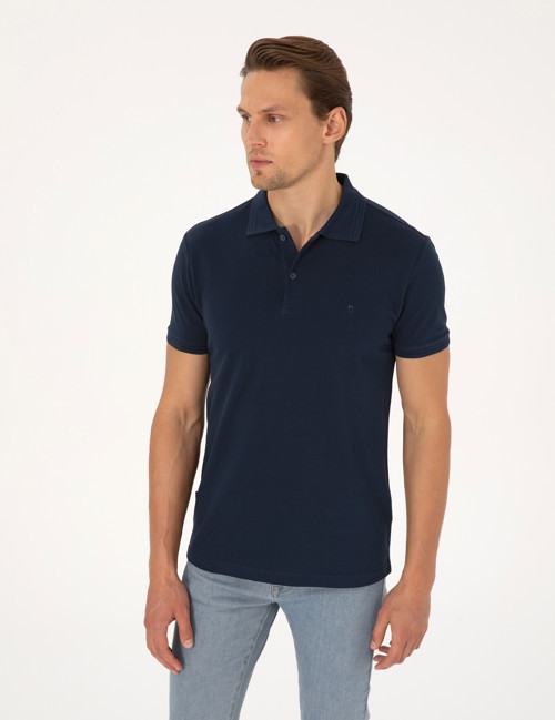 Lacivert Slim Fit %100 Pamuk Kıvrılmaz Düğmeli Polo Yaka Basic Tişört