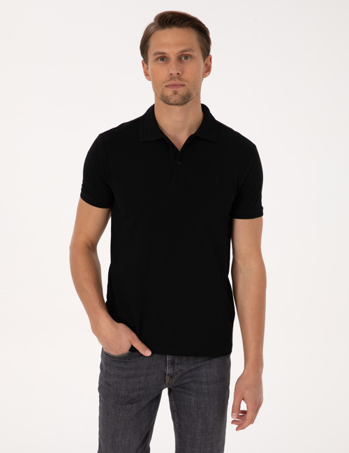 Siyah Slim Fit %100 Pamuk Kıvrılmaz Düğmeli Polo Yaka Basic Tişört