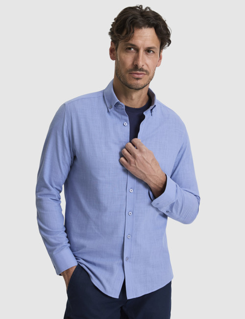 Mavi %100 Pamuk Keten Görünümlü Slim Fit Uzun Kollu Gömlek 50325355-VR036