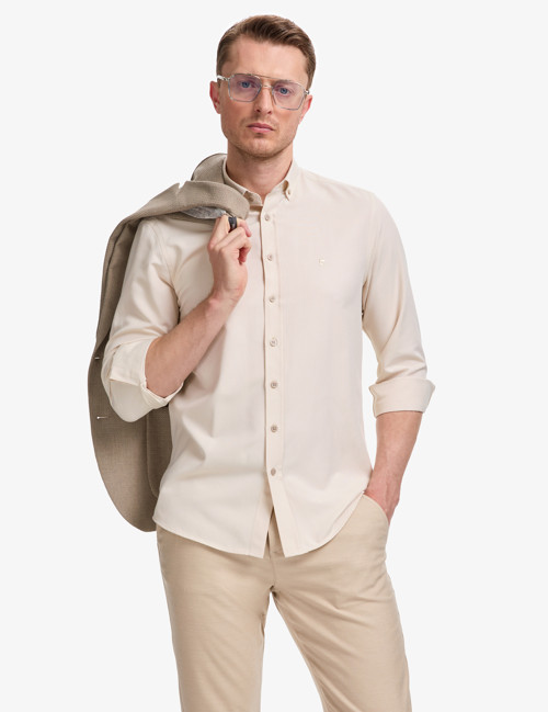 Bej Oxford Slim Fit Kolay Ütülenebilir Gömlek 50325365-VR011
