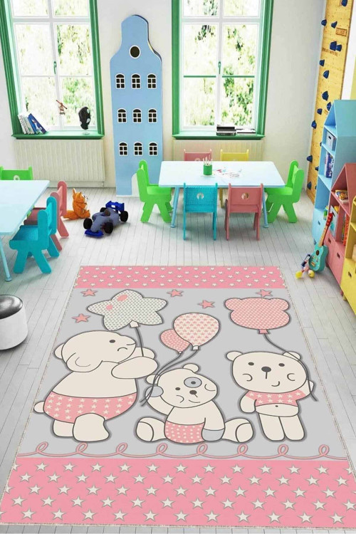 Pembe Kaymaz Tabanlı Yıkanabilir Ayıcıklı Bebek Halısı KD015