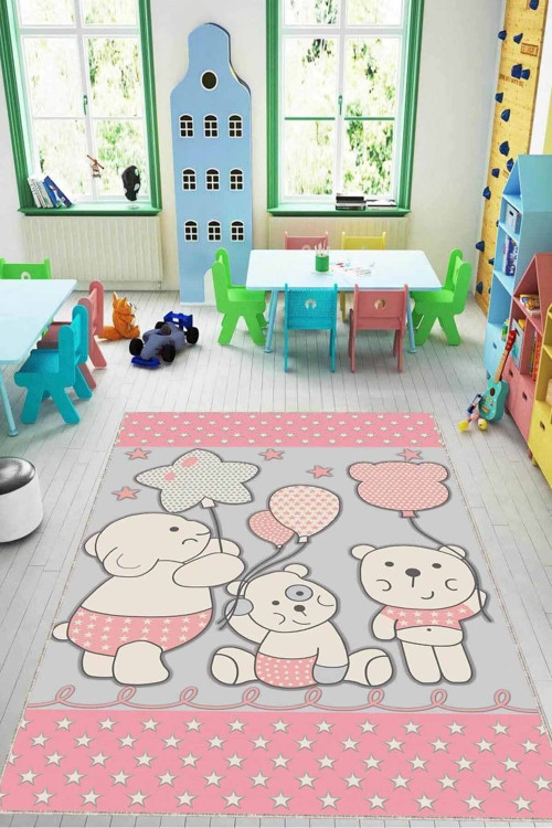 Pembe Kaymaz Tabanlı Yıkanabilir Ayıcıklı Bebek Halısı KD015