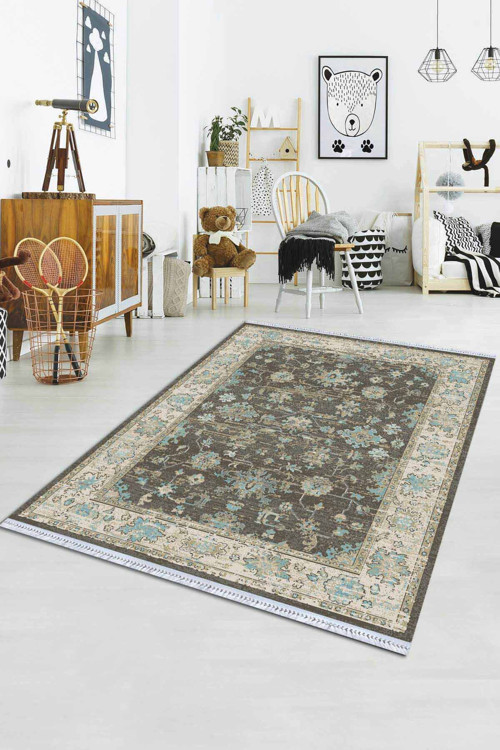 Mavi Çerçeveli Dokuma Pamuk Taban Kaymaz Kilim KLM030
