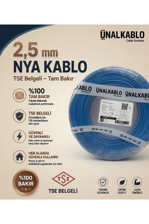 2.5 mm Nya Kablo ( H07v-U ) Mavi (100 Metre) Tam Bakır Tse Belgeli