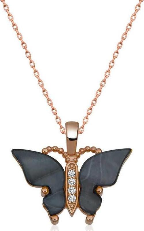 Gümüş Rose Antrasit Kaplangözü Taşlı Kelebek Kolye