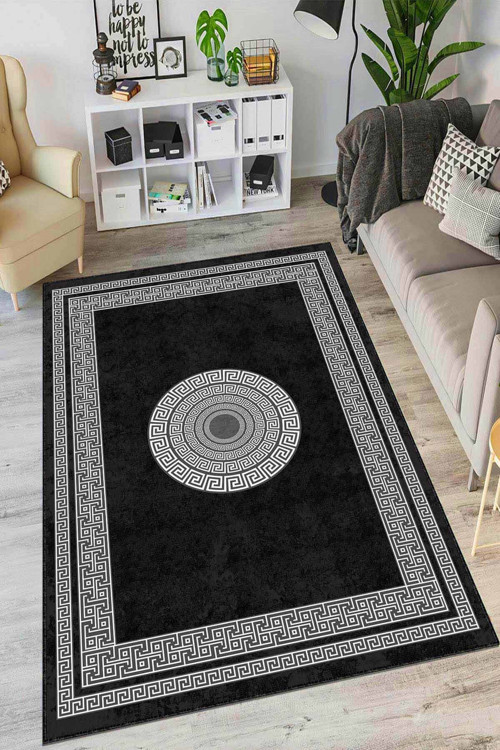 Siyah Çerçeveli Kaymaz Taban Makinede Yıkanabilir Halı AR839
