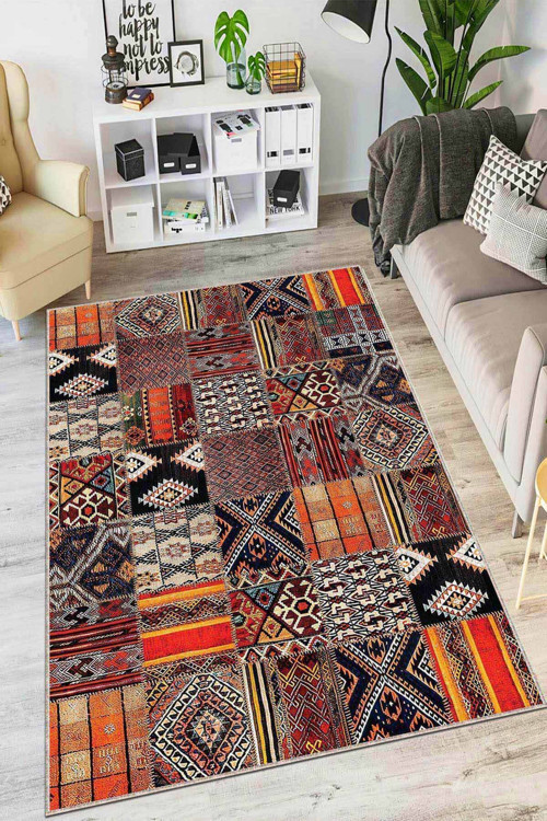 Turuncu Patchwork Kaymaz Tabanlı Dekoratif Halı AR750
