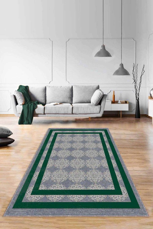 Yeşil Çerçeveli Kaymaz Taban Makinede Yıkanabilir Halı RV088
