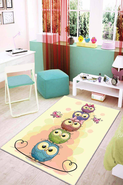 Sarı Kaymaz Tabanlı Yıkanabilir Baykuşlu Çocuk Halısı AR061