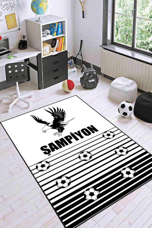 Siyah Ve Beyaz Kaymaz Tabanlı Beşiktaş Taraftar Halısı CK061