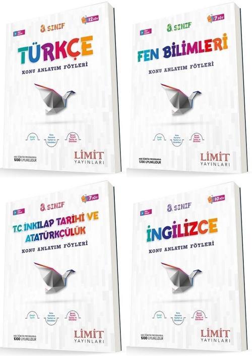 Limit 8. Sınıf Türkçe + Fen + İnkılap + İngilizce Konu Föyleri Seti 4 Kitap 2023