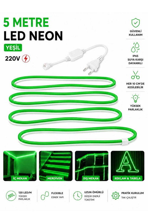 Ookayled 220 NEON LED 5 METRE YEŞİL RENK FİŞ İLE BİLİKTE