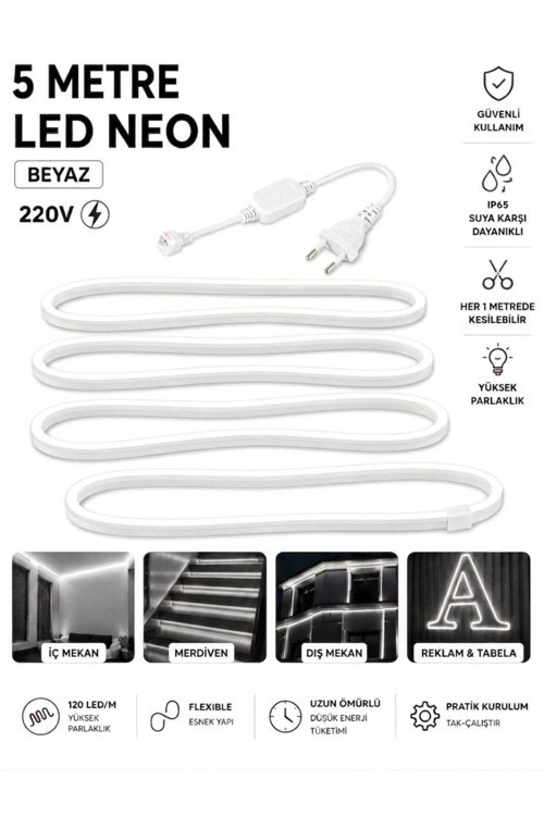Ookayled 220V BEYAZ NEON LED 5 METRE HALİNDE FİŞ İLE BİRLİKTE