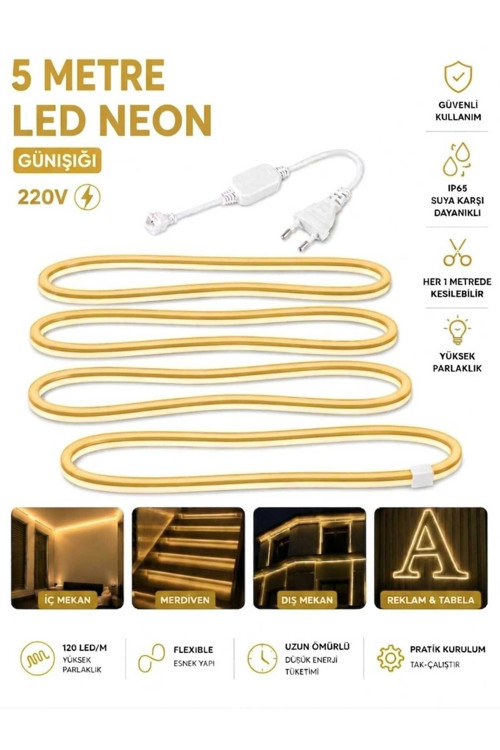 Ookayled 220V GÜNIŞIŞI NEON LED 5 METRE HALİNDE FİŞ İLE BİRLİKTE
