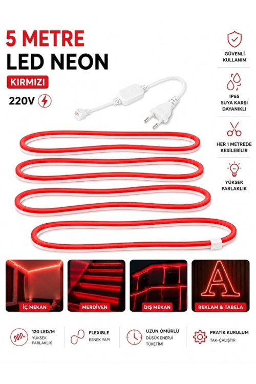 Ookayled 220V NEON LED 5 METRE KIRMIZI FİŞ İLE BİRLİKTE