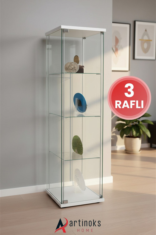 3 Raflı Cam Vitrin Dolap Gümüşlük Koleksiyon Sergi Kitaplık Kapaklı Büfe Mutfak Raflı Vitrin Detolf