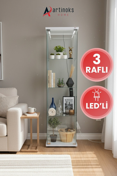 3 Raflı Ledli Cam Vitrin Dolap Gümüşlük Koleksiyon Sergi Kitaplık Büfe Mutfak Raflı Detolf