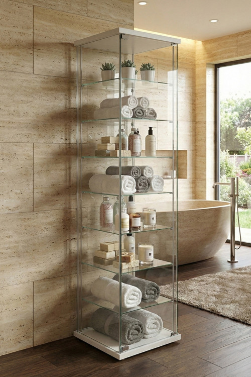 Cam Raflı Kapaklı Düzenleyici Banyo Dolabı Çok Amaçlı Lavabo Malzeme Dolap Havluluk Organizer