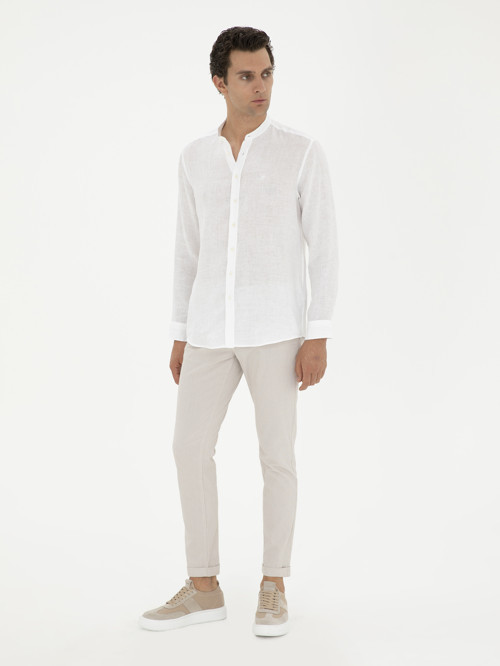 Bej Slim Fit Beli Bağcıklı Kanvas Pantolon