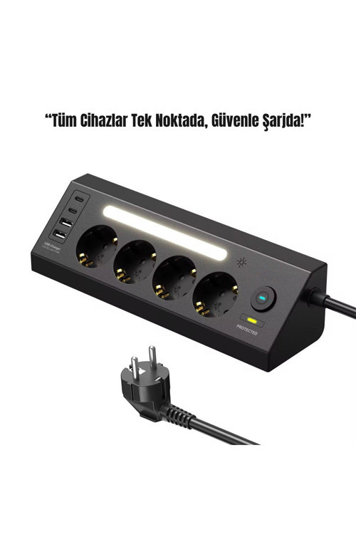 Akım Korumalı 4’lü Priz | 2 USB-C + 2 USB-A Çıkış | LED Işıklı Şarj İstasyonu | 2 Metre Kablo